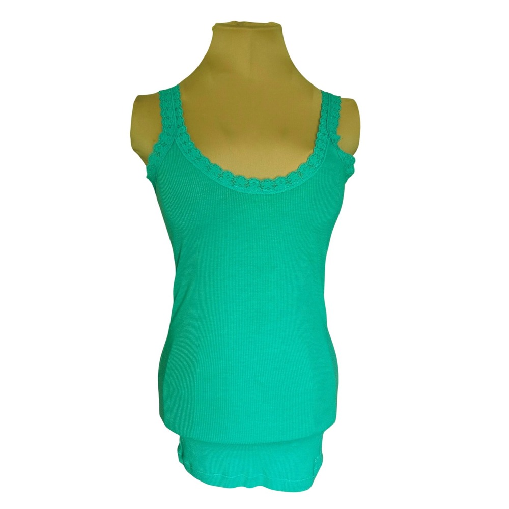 Aeropostale Womens Ribbed Lace Trim Tank Top Teal Green Stretch Camisole Medium